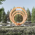 Golden Concentric Ring Sculpture with Inscriptions Surrounded by Trees and Water
