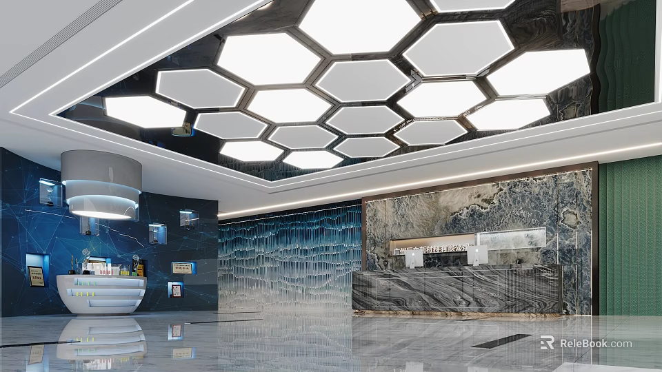 Modern Reception Desk Interior With Hexagonal Ceiling Lights Blue Wave Patterned Wall And Marble Counter 3d model