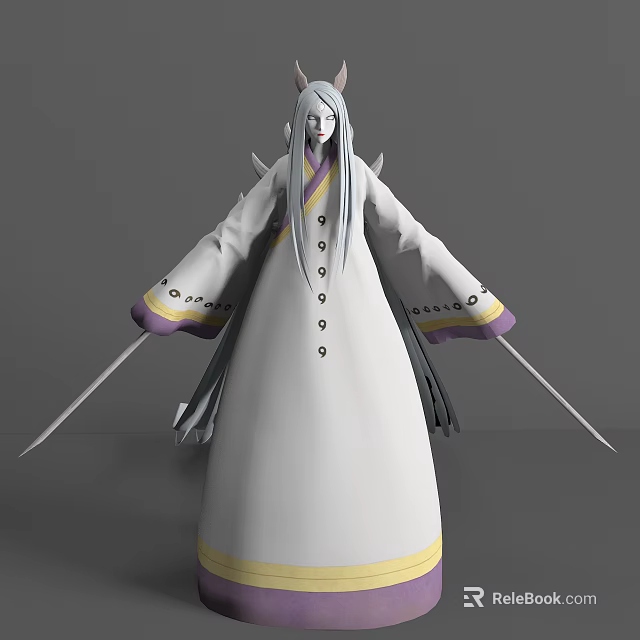Game Movie Character With Long White Hair White Robe Purple Yellow Accents And Dual Swords 3d model 