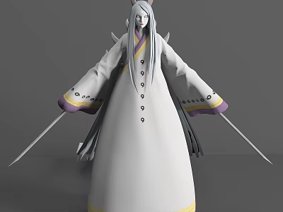 Game Movie Character With Long White Hair White Robe Purple Yellow Accents And Dual Swords 3d model