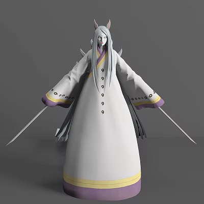 Game Movie Character With Long White Hair White Robe Purple Yellow Accents And Dual Swords 3d model