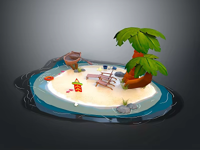 Tropical Natural Island Scene With Sandy Beach Palm Trees Beach Chair Wooden Bucket And Seashells 3d model