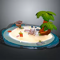 Tropical Natural Island Scene With Sandy Beach Palm Trees Beach Chair Wooden Bucket And Seashells