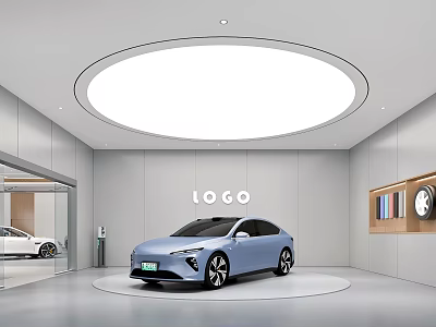 4S Store Modern Car Showroom Interior With Blue Vehicle On Circular Display Platform 3d model