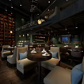 Green Pearl Restaurant Interior With Wooden Bookshelves Large Painting Chandeliers And Open Dining Area