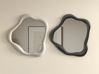 Two Irregular Shaped Wall Mounted Mirrors in White and Black on Beige Wall 3d model
