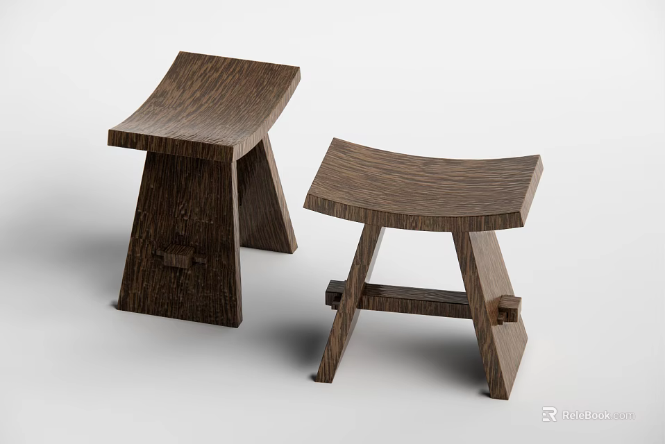 Two Simple Wooden Stools With Curved Seat And Crossed Legs Design 3d model 