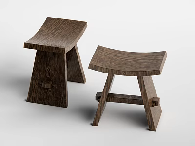 Two Simple Wooden Stools With Curved Seat And Crossed Legs Design 3d model