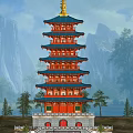 Red Multi Tiered Ancient Pagoda Architecture Surrounded by Mountain and Trees