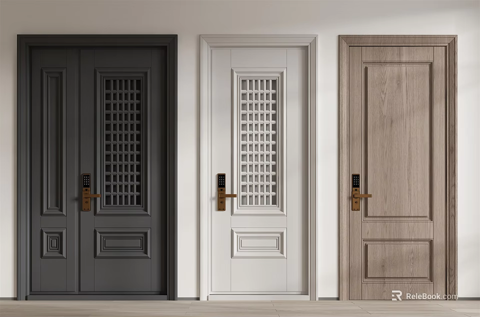 Gray White and Wooden Swing Doors With Lattice Design Wood Panel Golden Door Handles Home 3d model 