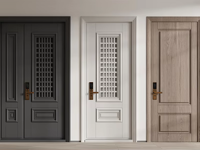 Gray White and Wooden Swing Doors With Lattice Design Wood Panel Golden Door Handles Home 3d model