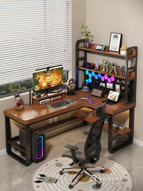 Wooden Gaming Desk Setup with Headphones Figurines RGB Lights and Monitor 3d model 