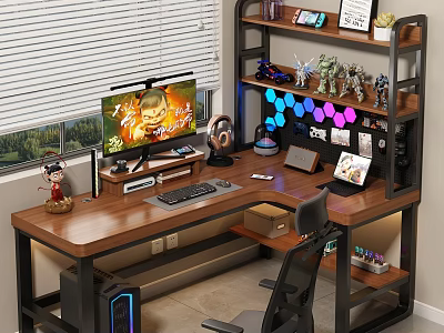 Wooden Gaming Desk Setup with Headphones Figurines RGB Lights and Monitor 3d model