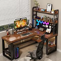 Wooden Gaming Desk Setup with Headphones Figurines RGB Lights and Monitor