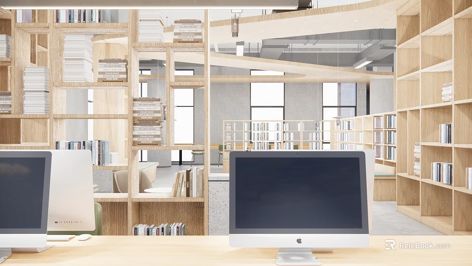 Modern Book Art Display With Artistic Wooden Bookshelves And Creative Library Layout 3d model 