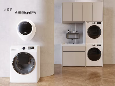 Modern Washer Dryer Stacked in Sleek Laundry Room With White Cabinets 3d model
