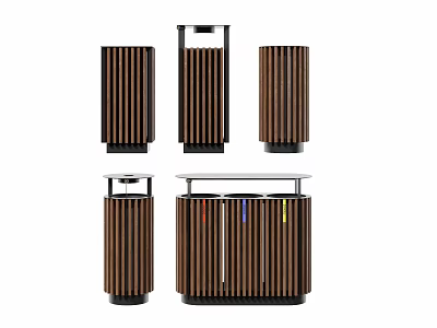 Public Trash Bins With Wooden Striped Design And Recycling Compartments For Outdoor Public Facilities 3d model