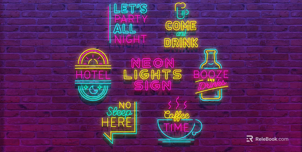 Vibrant Neon Decorative Lights with Party Drinking Coffee Text Designs on Brick Wall 3d model