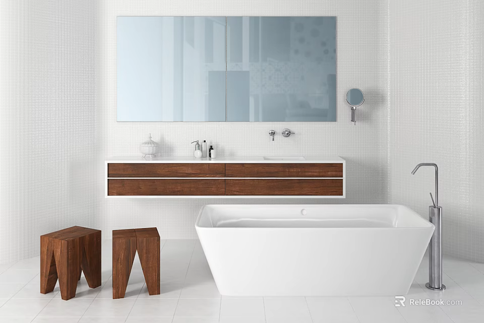 Modern White Bathtub In Minimalist Bathroom With Wooden Vanity Large Mirror And Small Stools 3d model 