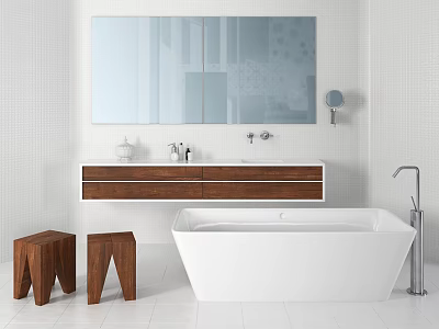 Modern White Bathtub In Minimalist Bathroom With Wooden Vanity Large Mirror And Small Stools 3d model