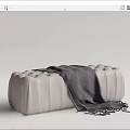Tufted Leather Ottoman in Brown and Beige with Gray Throw Blanket