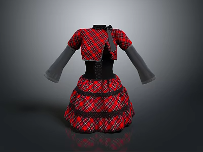 Red And Black Plaid Dress With Black Corset Waistband Gray Long Sleeves And Bow Detail 3d model