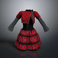 Red And Black Plaid Dress With Black Corset Waistband Gray Long Sleeves And Bow Detail