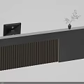 Modern Reception Desk With Marble Countertop Vertical Stripes Lighting Computer Monitor And Small Plant
