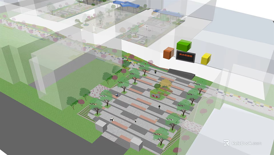 Urban Public Square Design With Trees Paved Area And Colorful Cubes 3D Rendering 3d model