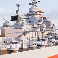 White and Red Warship Sailing on Calm Blue Sea with Deck Structures 3d model