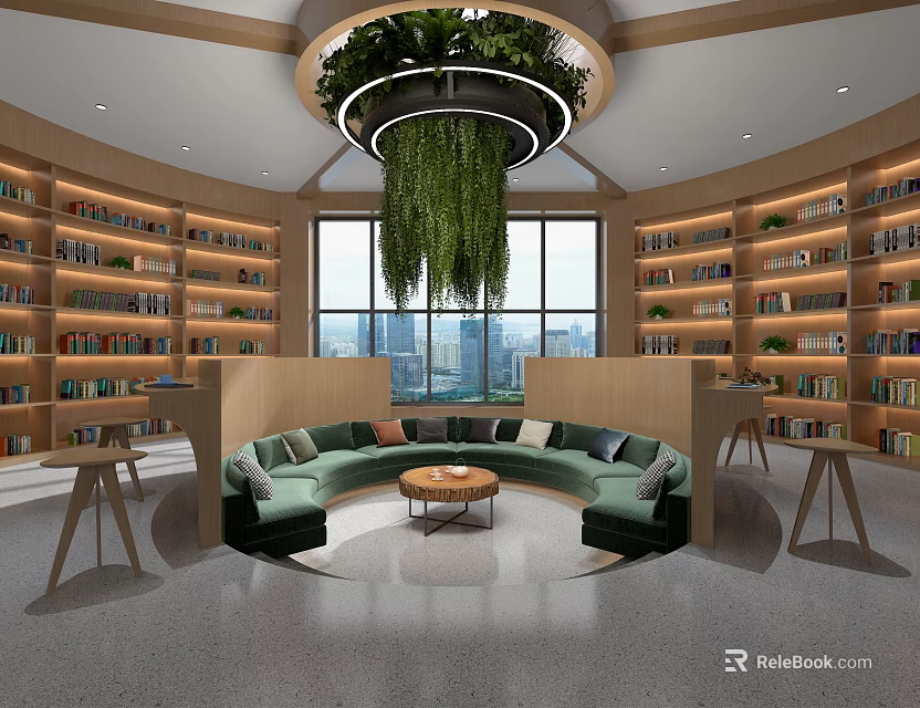 Artistic Book Art Space with Circular Bookshelves Hanging Green Plants and City View Windows 3d model 
