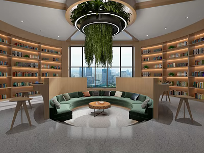 Artistic Book Art Space with Circular Bookshelves Hanging Green Plants and City View Windows 3d model