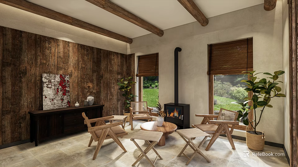 Natural Style Living Space With Wooden Ceiling Beams Fireplace Bamboo Blinds And Decorative Art 3d model 