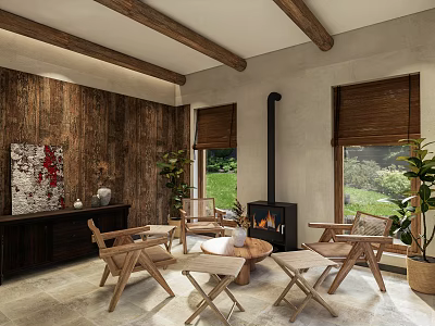 Natural Style Living Space With Wooden Ceiling Beams Fireplace Bamboo Blinds And Decorative Art 3d model