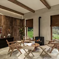 Natural Style Living Space With Wooden Ceiling Beams Fireplace Bamboo Blinds And Decorative Art