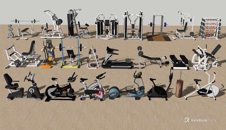 Various Sports Equipment Including Treadmills Dumbbells Barbells Exercise Bikes And Weight Benches 3d model 