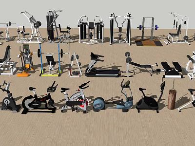Various Sports Equipment Including Treadmills Dumbbells Barbells Exercise Bikes And Weight Benches 3d model