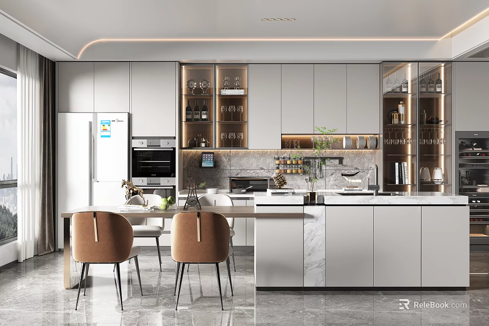 Modern Restaurant Interior With Open Kitchen White Cabinets Island Counter And Chairs 3d model 
