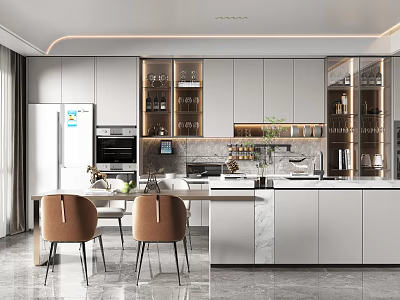 Modern Restaurant Interior With Open Kitchen White Cabinets Island Counter And Chairs 3d model