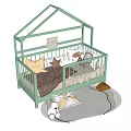 Light Green House Shaped Kids Single Bed with Colorful Pillows Blanket and Stuffed Toy Rug