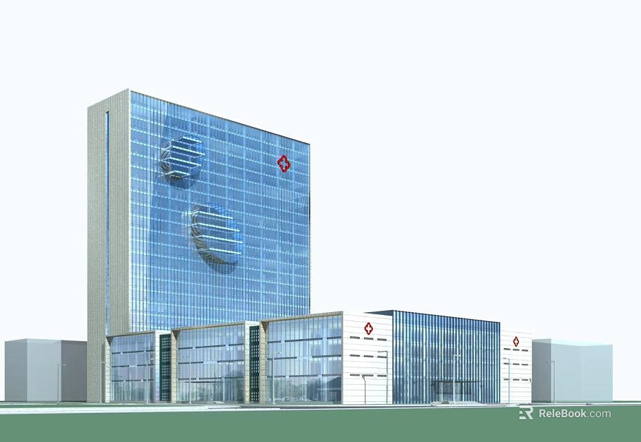Modern Hospital Building With Glass Curtain Wall And Red Cross Logo Exterior View 3d model 