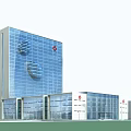 Modern Hospital Building With Glass Curtain Wall And Red Cross Logo Exterior View