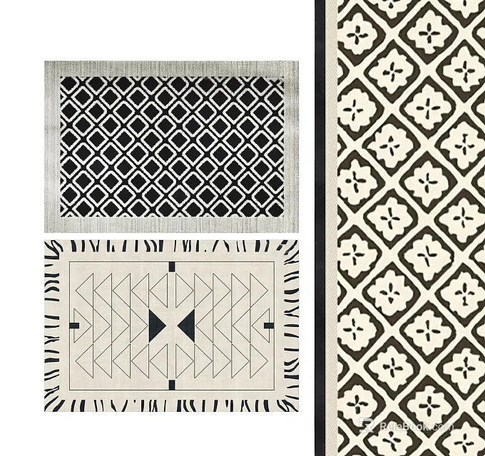 Square Rugs Featuring Geometric Diamond and Floral Patterns in Black White Beige Brown Tones 3d model 