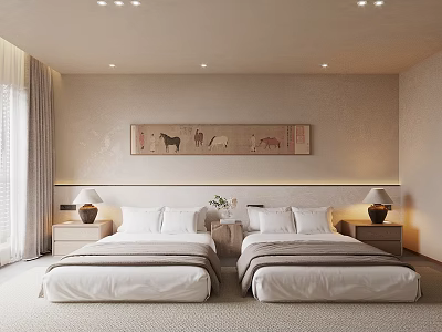 Minimalist Hotel Guest Room With Twin Beds Nightstands Table Lamps And Decorative Painting 3d model
