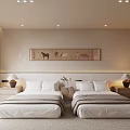 Minimalist Hotel Guest Room With Twin Beds Nightstands Table Lamps And Decorative Painting