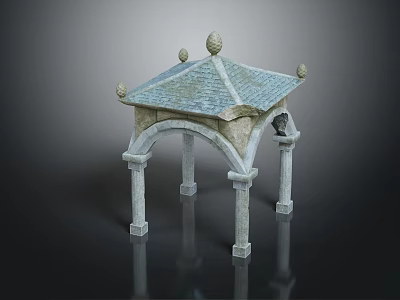 Ornate Stone Pavilion With Blue Tile Roof Decorative Finials Arched Design And Columns 3d model