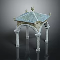 Ornate Stone Pavilion With Blue Tile Roof Decorative Finials Arched Design And Columns
