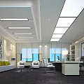 Modern Office Interior Design With Sofa Desk Chairs Windows And Ceiling Lights 3d model