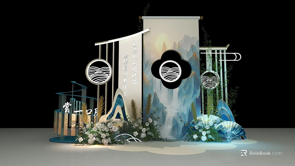 Chinese Style Photo Check-in Spot With Scroll Landscape Pattern Decorative Flowers And Lanterns 3d model 