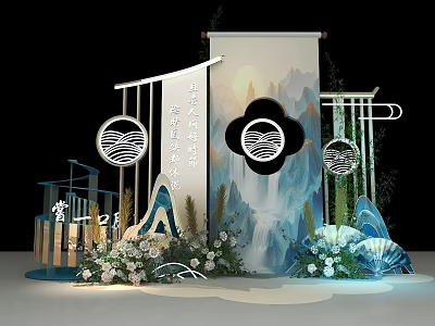 Chinese Style Photo Check-in Spot With Scroll Landscape Pattern Decorative Flowers And Lanterns 3d model